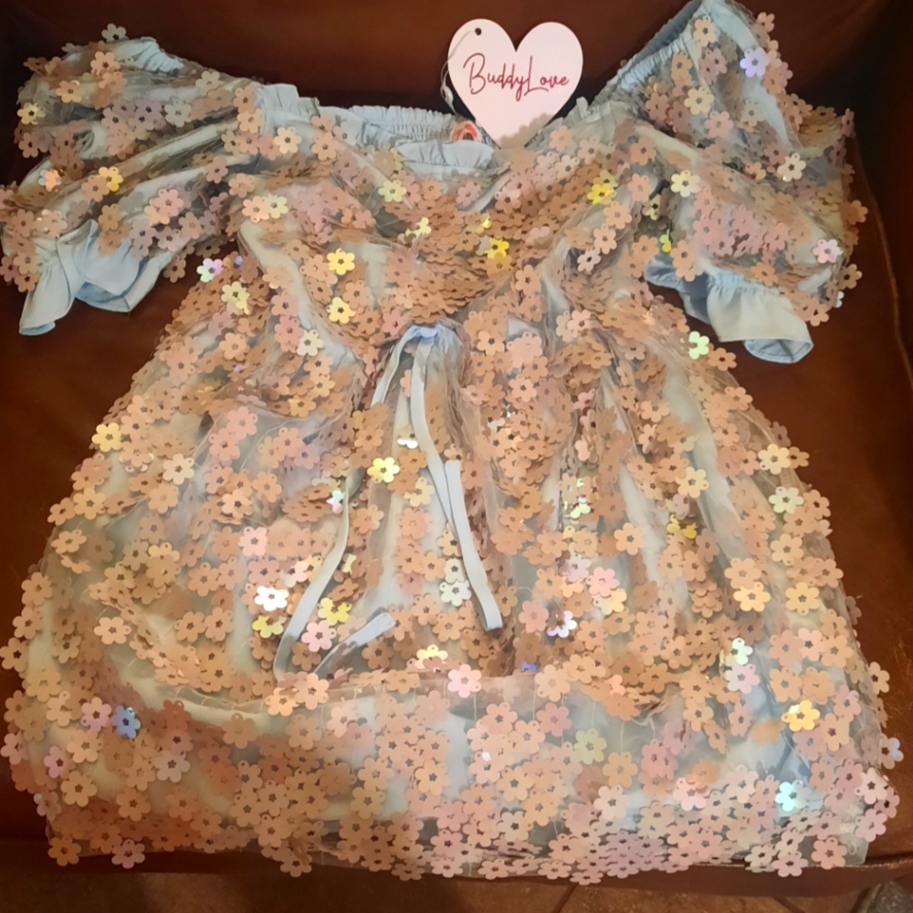 BuddyLove Blue Colby Puff Sleeve Mini Iridescent Flower Sequin Dress Size Small
